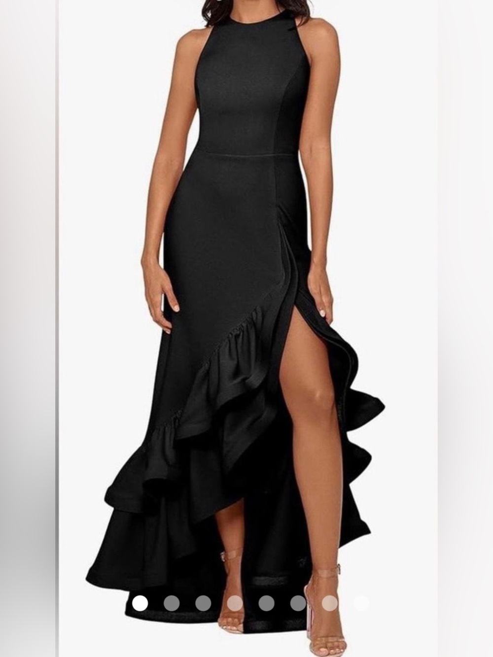 Betsy & Adam Black Ruffled High-Slit Sleeveless Evening Dress